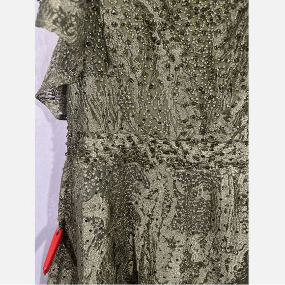 NWT $798 Mac Duggal [ 16‎ ] Embroidered Flutter Sleeve V-Neck Gown Olive Green - Picture 9 of 16